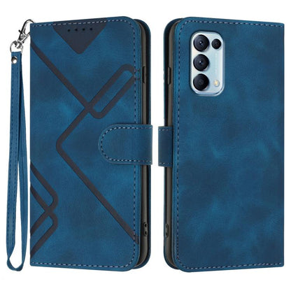 Leather phone case with geometric pattern, flip cover, and wrist strap; dark blue finish.
