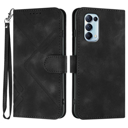 Leather phone case with geometric pattern, flip cover, and wrist strap; black finish.
