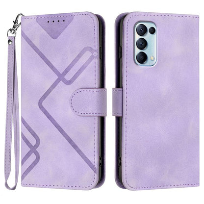 Leather phone case with geometric pattern, flip cover, and wrist strap; light purple finish.