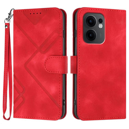 Red leather-look phone case with line pattern, flip cover, wrist strap
