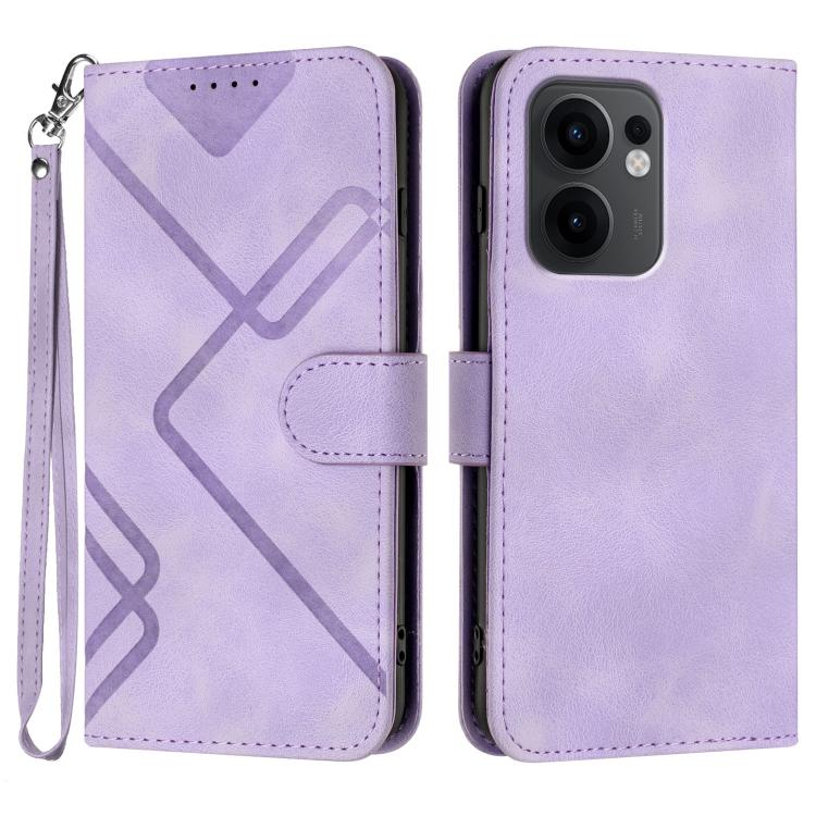 Light purple leather-look phone case with line pattern, flip cover, wrist strap
