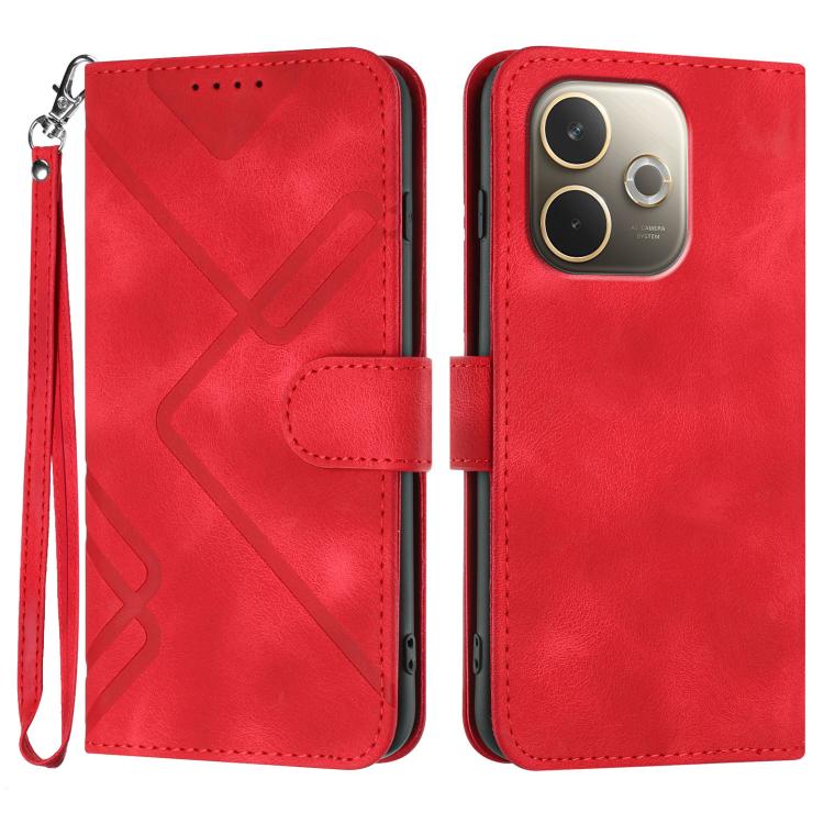 Red leather-pattern phone case with wrist strap and flip cover, camera cutout