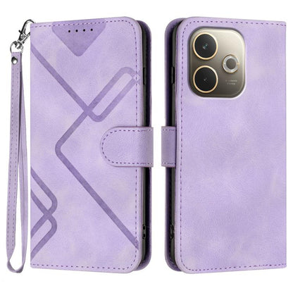Light purple leather-look phone case with line pattern, flip cover, wrist strap