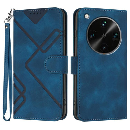 Blue leather-pattern phone case with wrist strap and flip cover, card slot detail