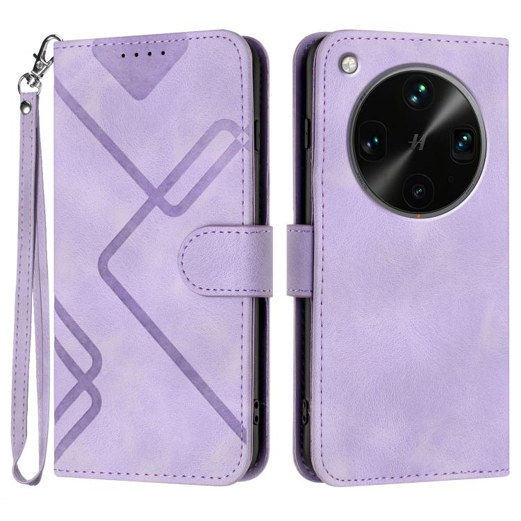 Light purple leather-pattern phone case with wrist strap and flip cover, card slot detail