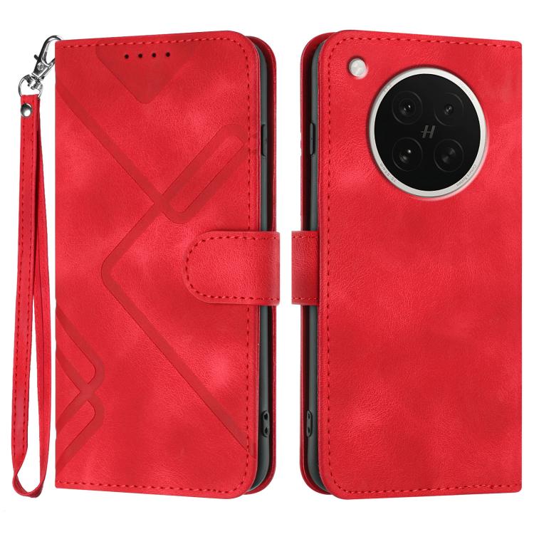 Red line-pattern leather-look phone case with wrist strap, folio wallet style