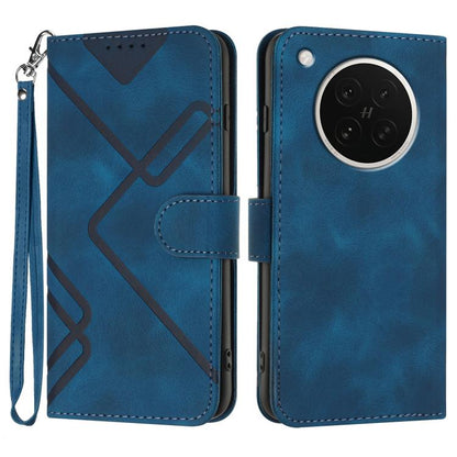 Blue line-pattern leather-look phone case with wrist strap, folio wallet style