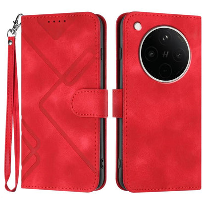 Bright red leather flip phone case with geometric pattern, wrist strap, and card slot pocket