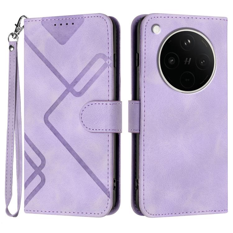 Light purple line-pattern leather-look phone case with wrist strap, folio wallet style