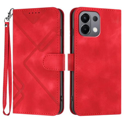 Red leather flip phone case with geometric pattern, wrist strap, and card slot pocket