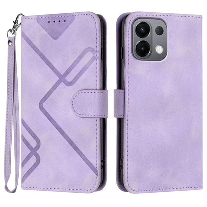 Light purple leather flip phone case with geometric pattern, wrist strap, and card slot pocket