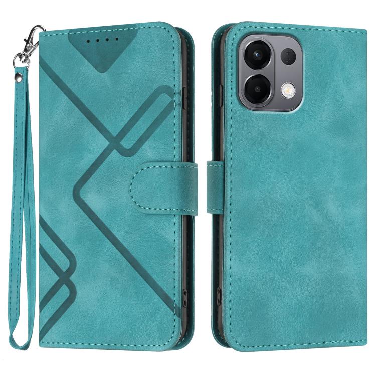 Aqua teal leather flip phone case with geometric pattern, wrist strap, and card slot pocket