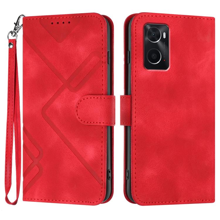 Red leather folio phone case with geometric line pattern and wrist strap