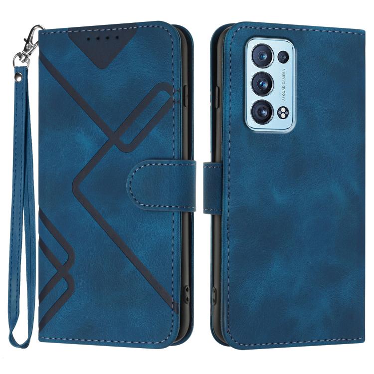 Blue leather wallet phone case with wrist strap and diagonal line pattern, camera cutout.