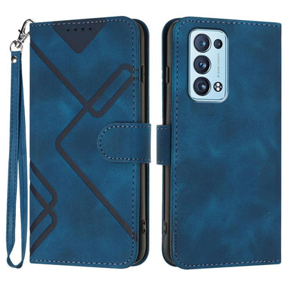 Blue leather wallet phone case with wrist strap and diagonal line pattern, camera cutout.