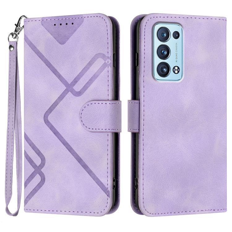 Light purple leather phone case with geometric line pattern, wallet flap, wrist strap