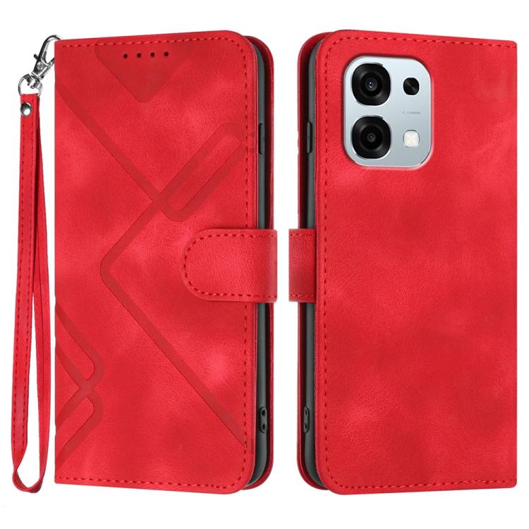 Red leather folio phone case with geometric line pattern, wrist strap, magnetic flap