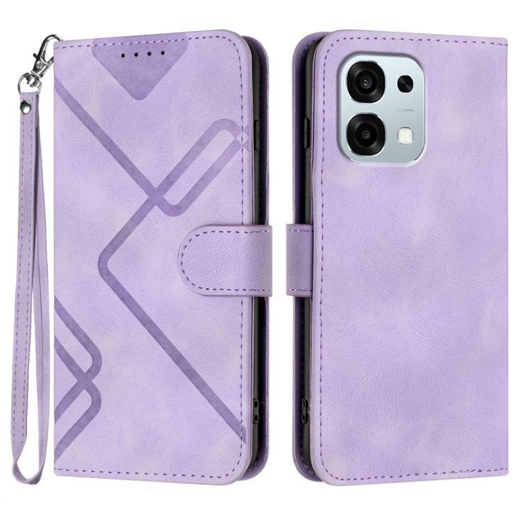 Lavender leather folio phone case with geometric line pattern, wrist strap, magnetic flap