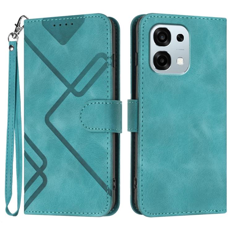 Teal leather phone wallet case with line pattern, flip cover and wrist strap