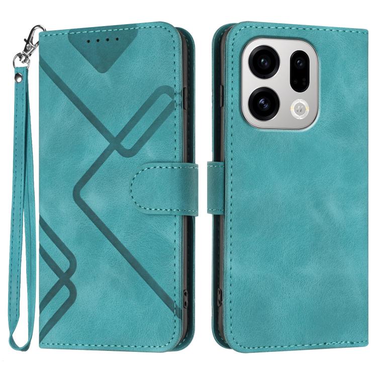 Teal leather folio phone case with geometric line pattern, wrist strap, magnetic flap