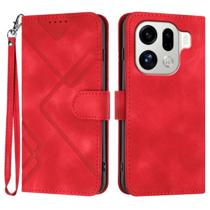 Red leather phone wallet case with line pattern, flip cover and wrist strap