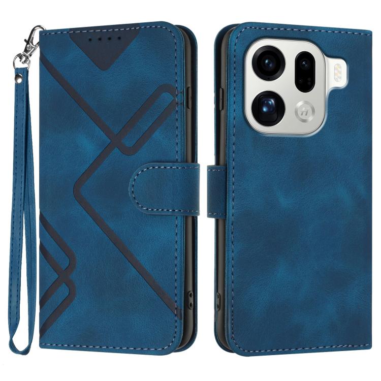 Blue leather phone wallet case with line pattern, flip cover and wrist strap