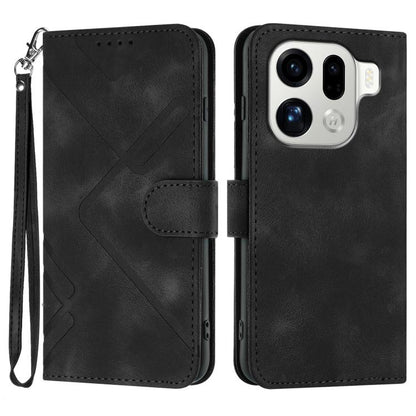 Black leather phone wallet case with line pattern, flip cover and wrist strap