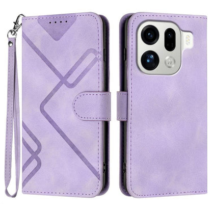 Lavender leather flip phone case with geometric pattern, wrist strap, and card slot pocket