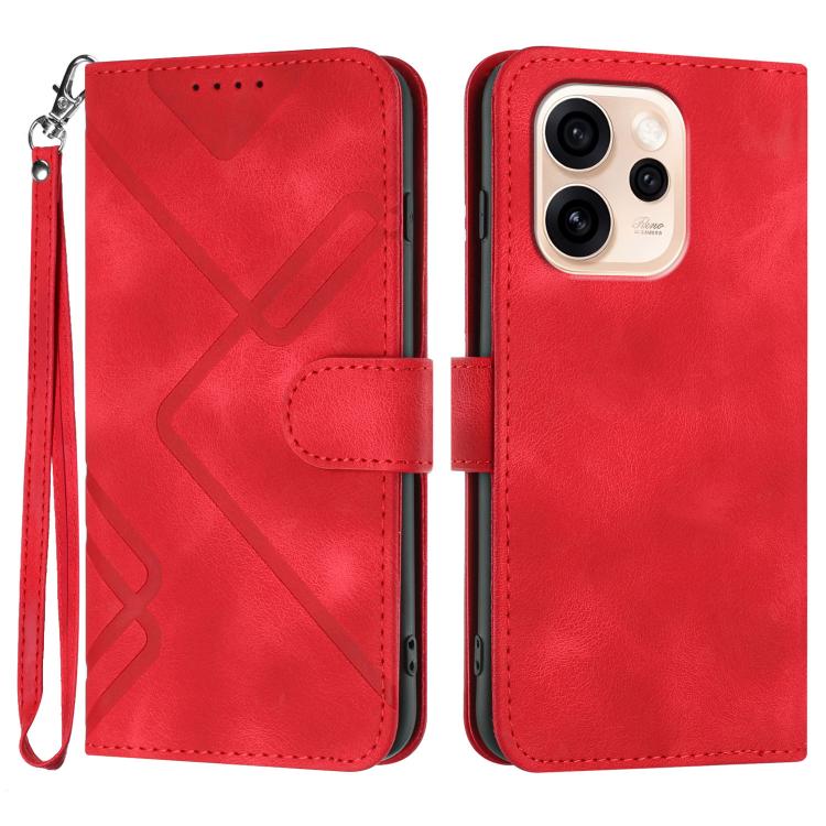 Red leather-look flip phone wallet case with wrist lanyard and geometric line pattern