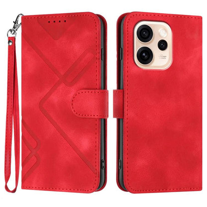Red line-pattern leather phone case with wrist strap and folio cover