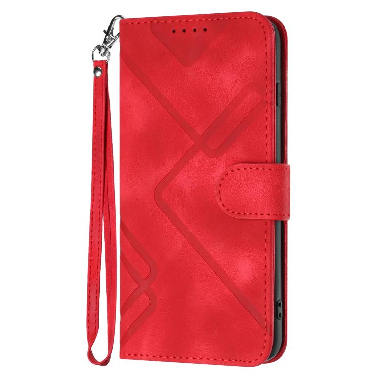 Red line-pattern leather phone case with side button cutout and wrist strap