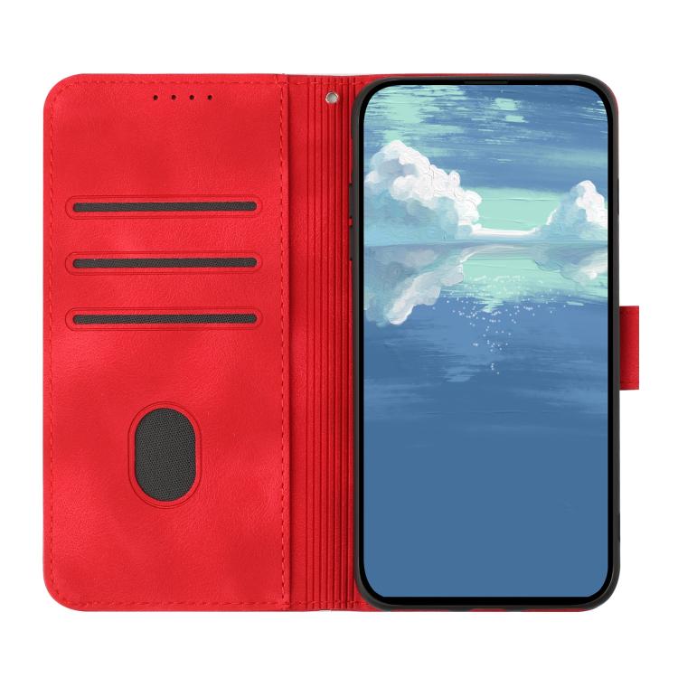 Red folio phone case open with card slots and circular camera cutout