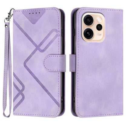 Light purple line-pattern leather phone case with wrist strap and folio cover