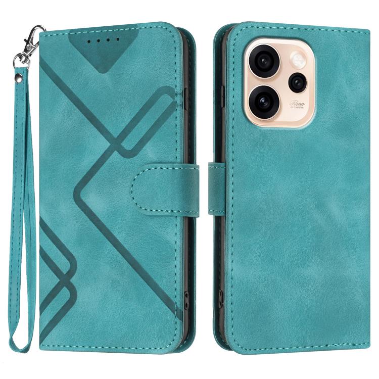 Turquoise leather-look phone wallet case with wrist strap and geometric line pattern
