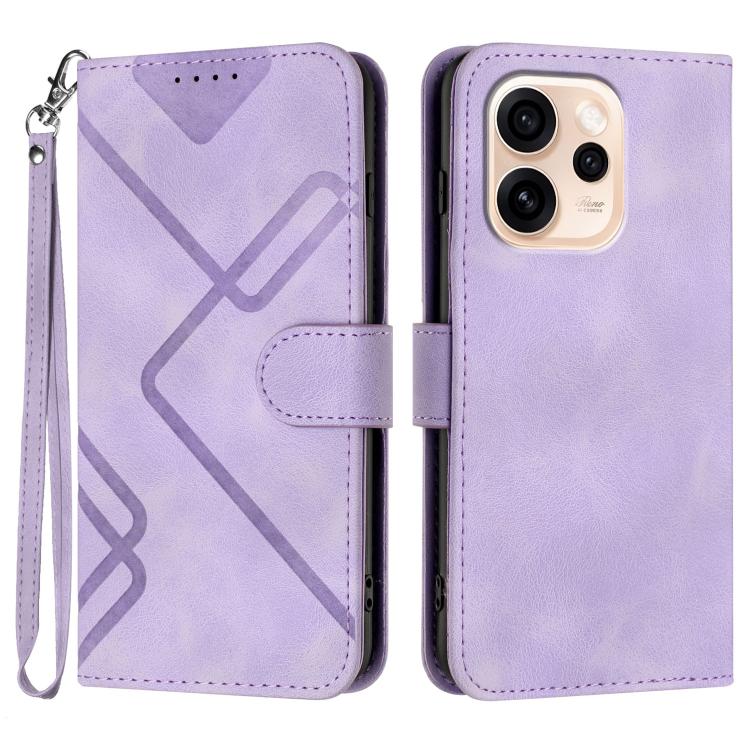 Lavender leather-look phone wallet case with wrist strap and geometric line pattern
