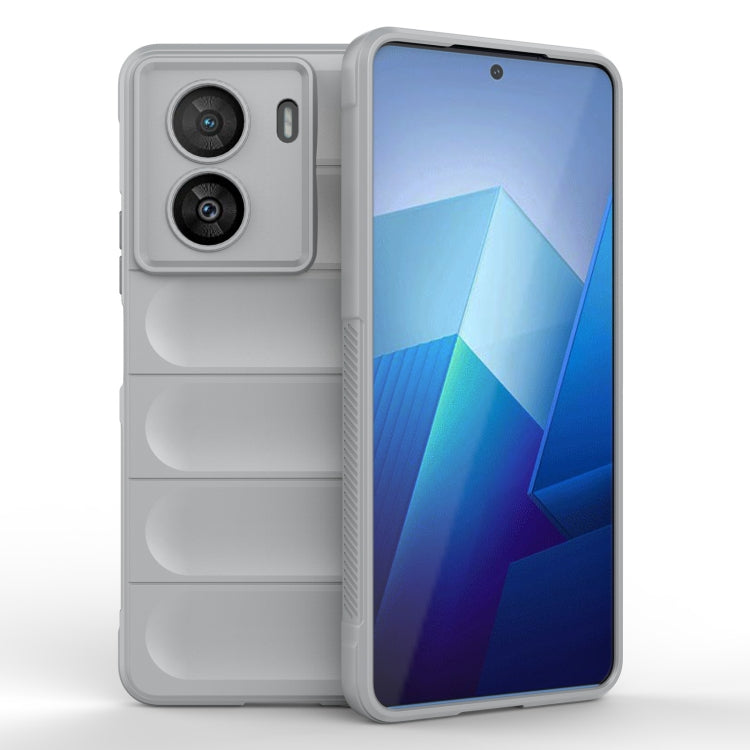 Grey TPU flannel phone case with raised camera cutouts and protective bumper edges
