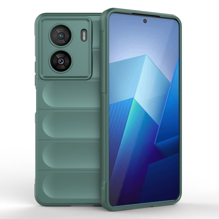 Dark green TPU flannel phone case with raised camera cutouts and protective bumper edges