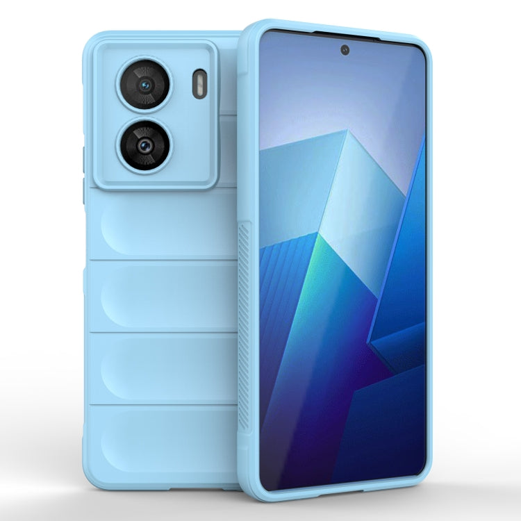 Light blue TPU flannel phone case with raised camera cutouts and protective bumper edges