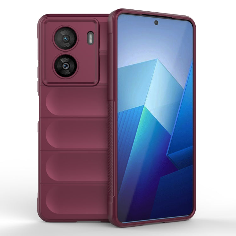 Wine red TPU flannel phone case with raised camera cutouts and protective bumper edges