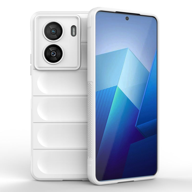 White TPU flannel phone case with raised camera cutouts and protective bumper edges