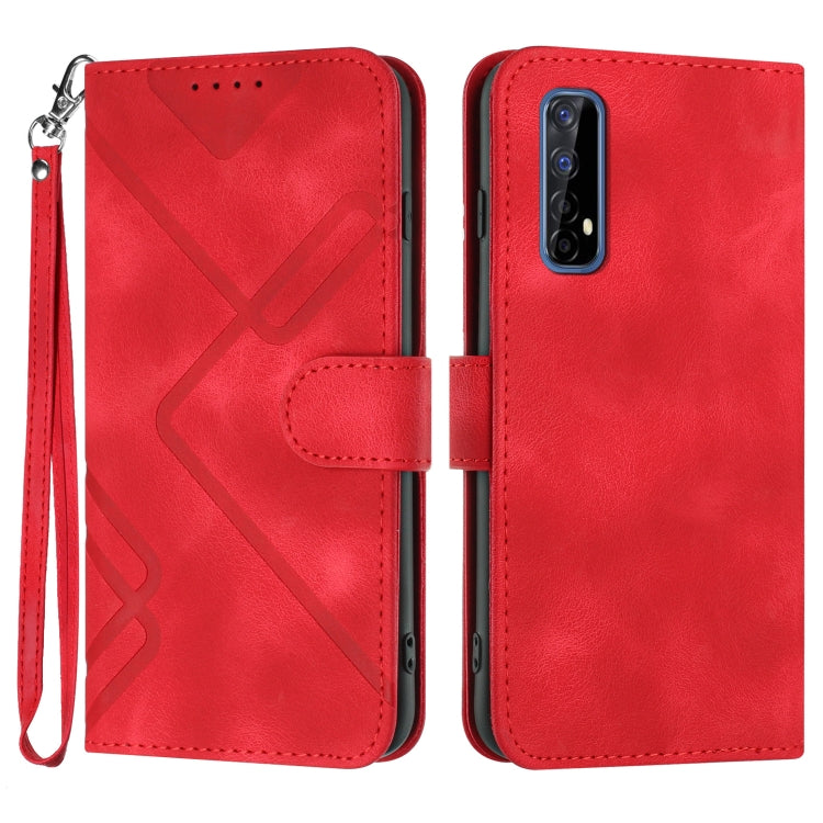Red leather phone wallet case with line pattern, magnetic flap, wrist strap