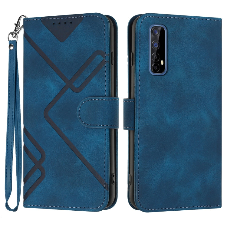 Royal blue leather wallet phone case with line pattern and magnetic flap, wrist strap