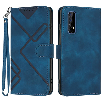 Royal blue leather wallet phone case with line pattern and magnetic flap, wrist strap