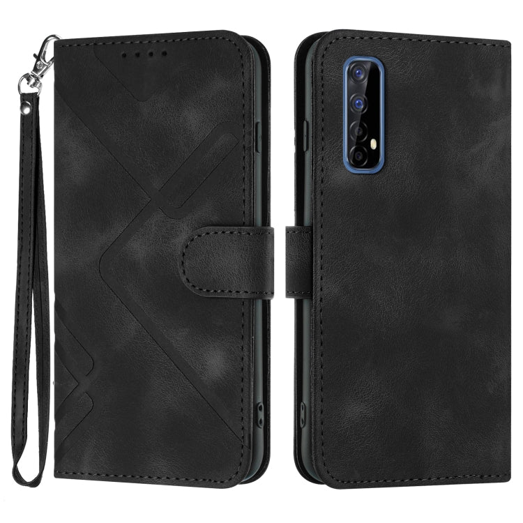 Black leather phone wallet case with line pattern, magnetic flap, wrist strap