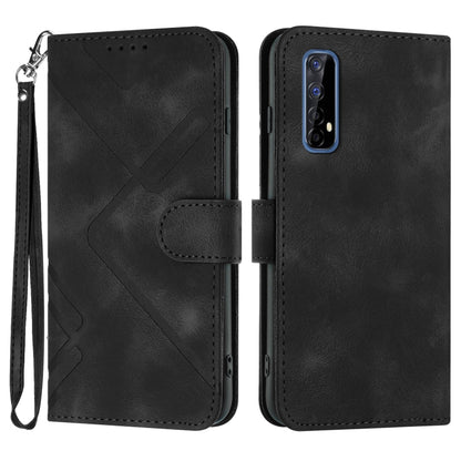 Black leather phone wallet case with line pattern, magnetic flap, wrist strap