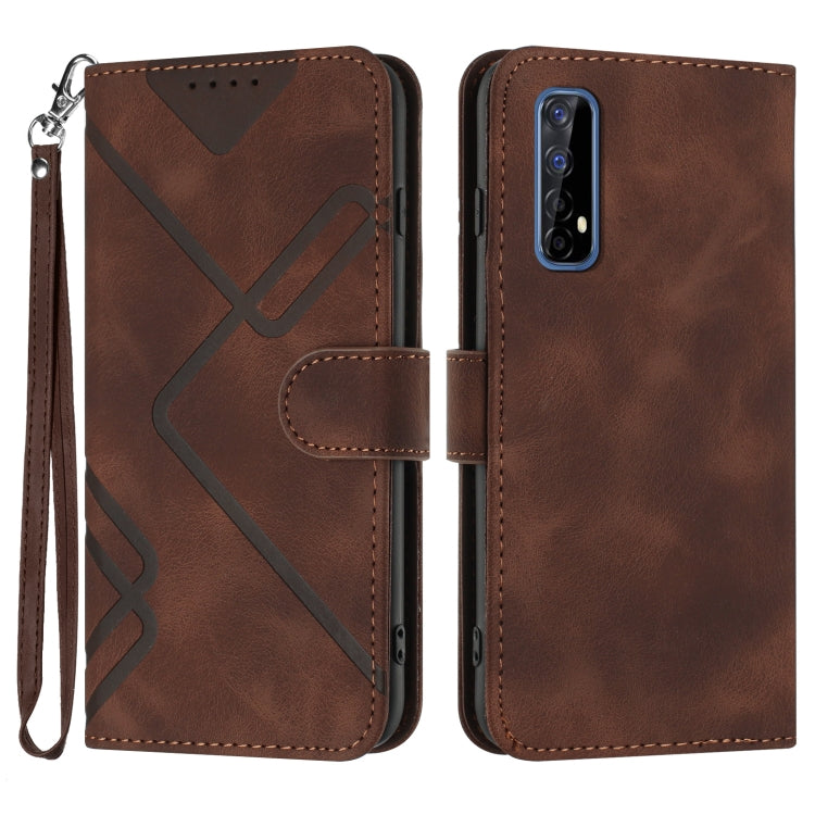 Coffee brown leather phone wallet case with line pattern, magnetic flap, wrist strap