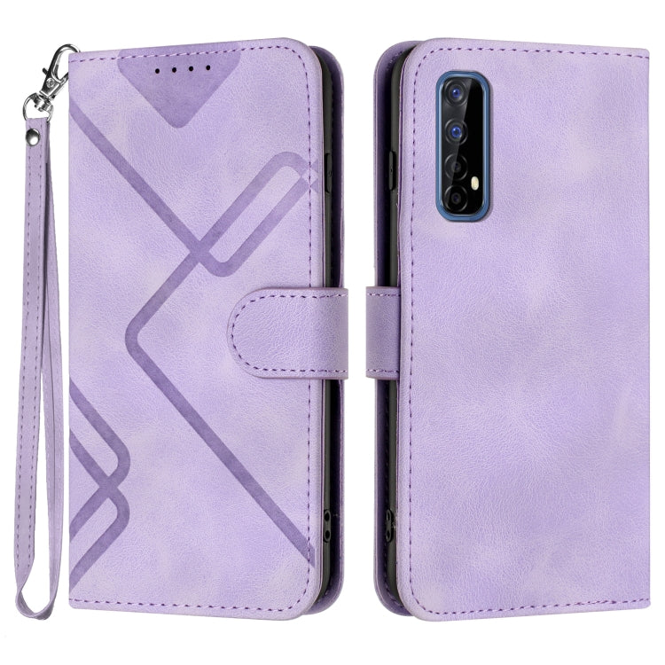 Light purple leather flip phone case with geometric line pattern and wrist strap