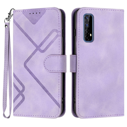 Light purple leather flip phone case with geometric line pattern and wrist strap