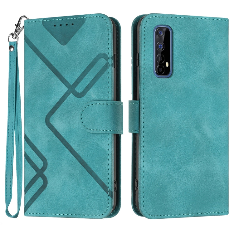 Teal leather flip phone case with geometric line pattern and wrist strap