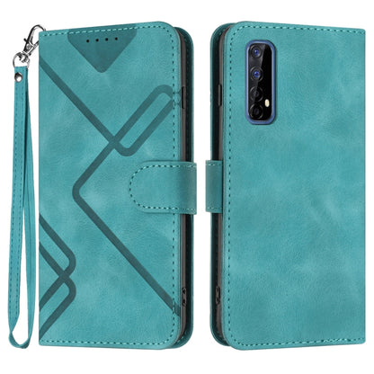 Teal leather flip phone case with geometric line pattern and wrist strap